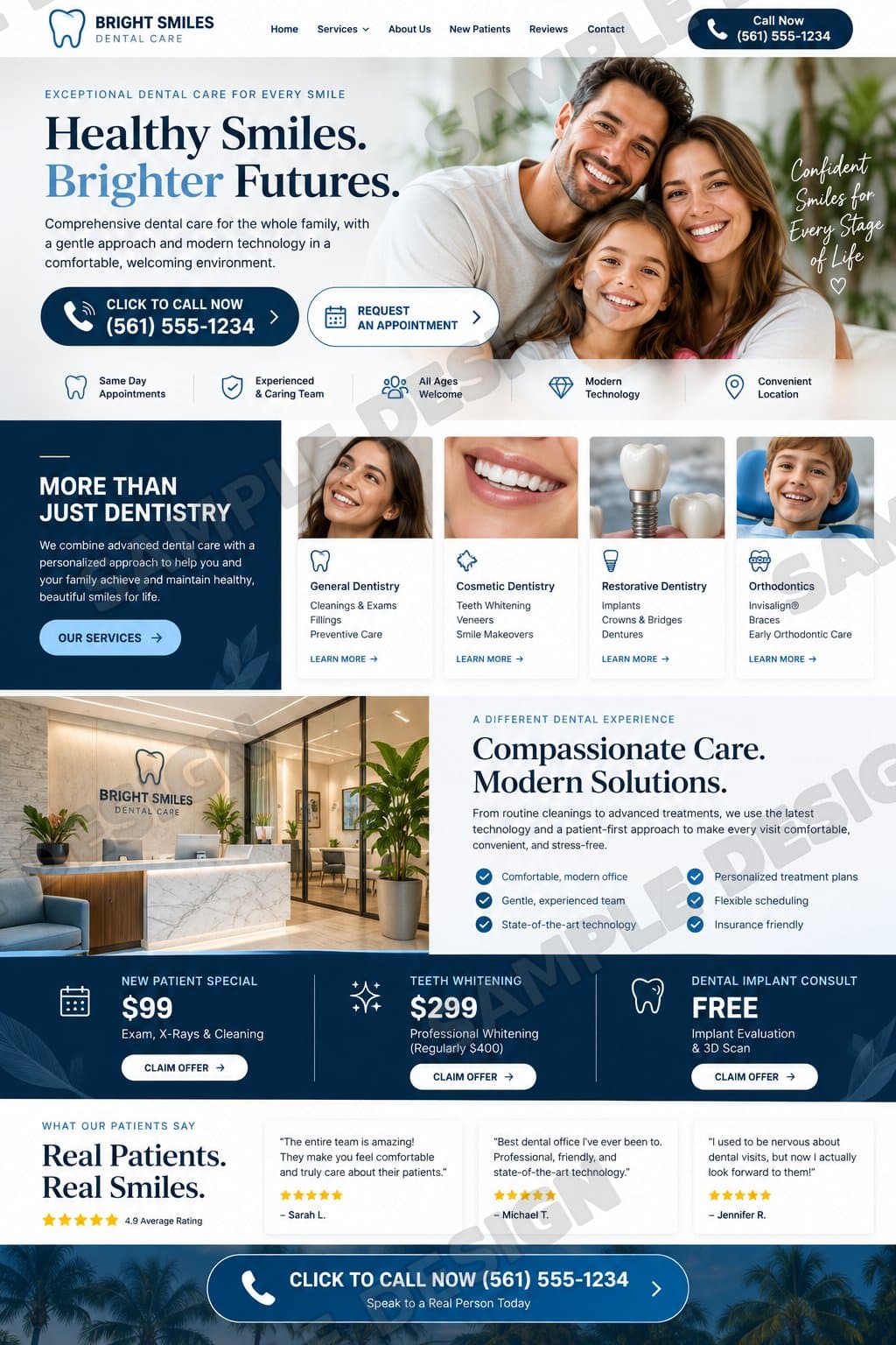 Sample dental office home page: the headline “Healthy Smiles. Brighter Futures.” in navy and blue beside a smiling family, with service cards, new patient specials and a Click to Call Now button