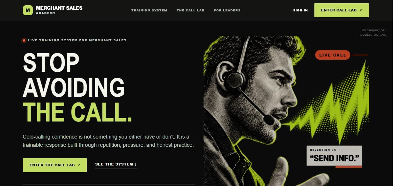 Home page of the Merchant Sales Academy website: the headline “Stop avoiding the call” beside an illustration of a sales rep on a headset