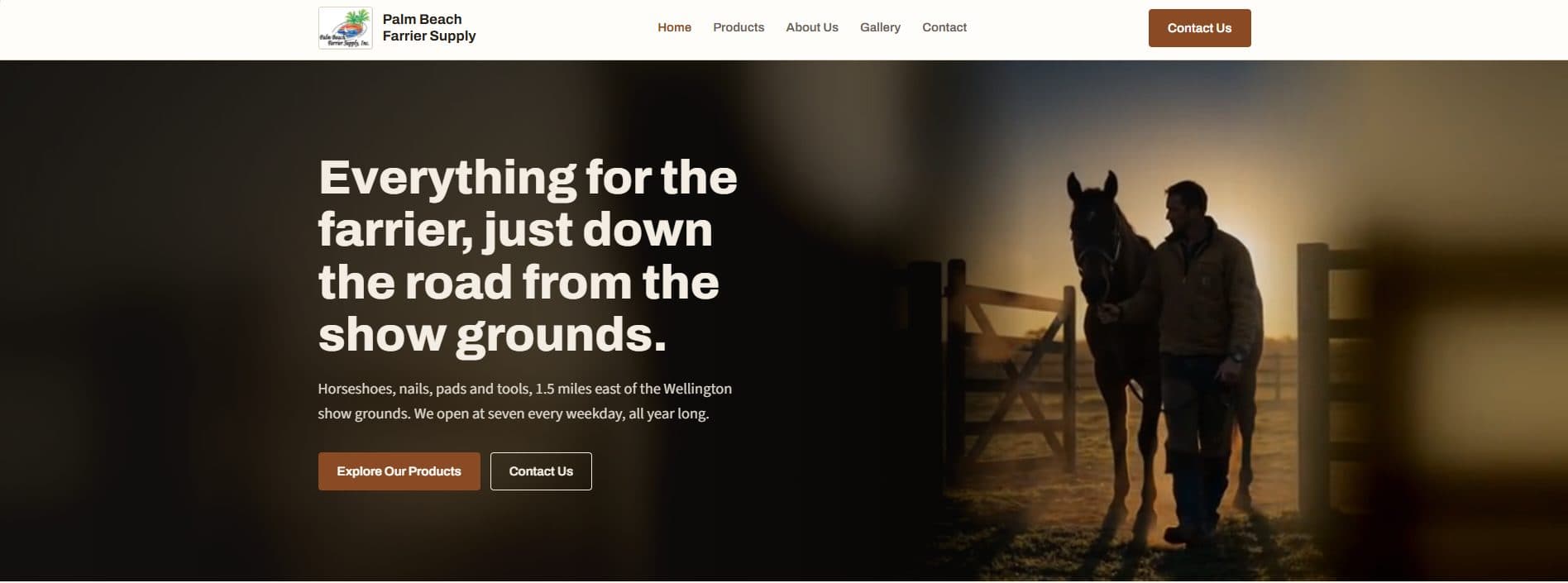 Home page of the Palm Beach Farrier Supply website: the headline “Everything for the farrier, just down the road from the show grounds” beside a photo of a farrier leading a horse at sunrise