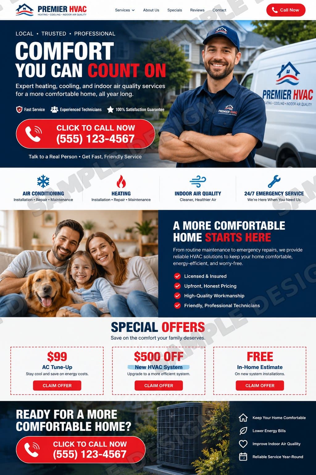 Sample HVAC company home page: the headline “Comfort you can count on” beside a smiling technician and a branded service van, with a red Click to Call Now button