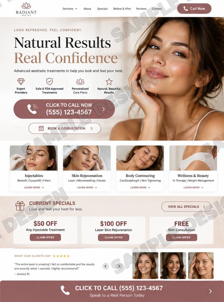 Sample med spa home page: the headline “Natural Results, Real Confidence” in soft rose and cream beside a portrait of a smiling woman, with a Click to Call Now button