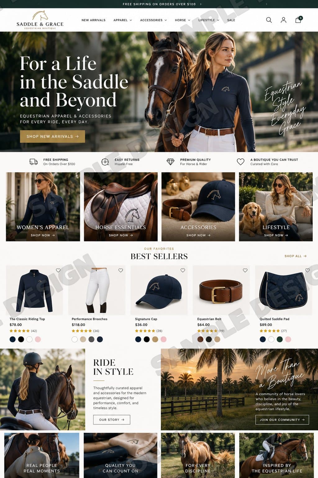 Sample online store home page for an equestrian boutique: the headline “For a Life in the Saddle and Beyond” beside a rider and her horse, with shop categories and a best sellers row with prices