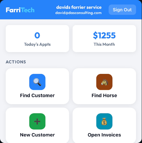 FarriTech dashboard showing today's appointments, this month's revenue, and quick actions to find customers and horses, add a customer, and open invoices