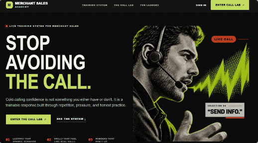 Merchant Sales Academy opening screen with the headline Stop Avoiding the Call and an Enter the Call Lab button
